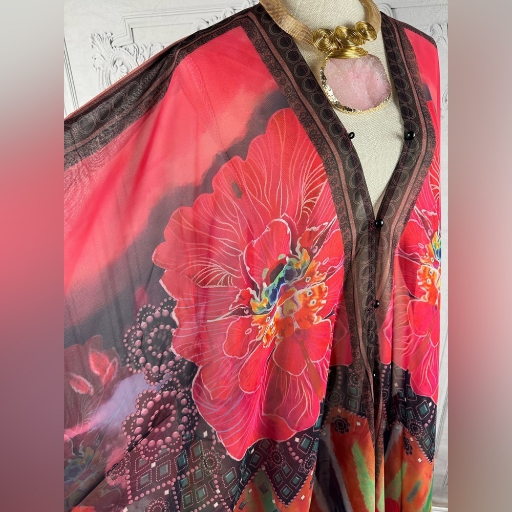 Elegant Floral Print Kaftan Oversized Maxi Kimono Tunic Poncho Coverup - Picture 9 of 14